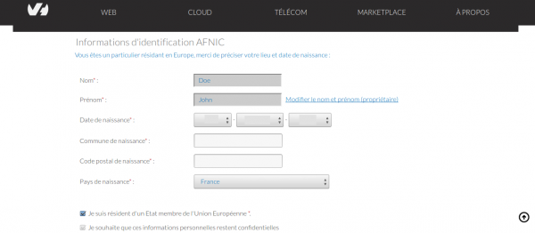 Formulaire identification AFNIC