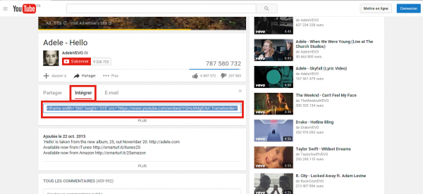 Intégration d'une vidéo depuis Youtube