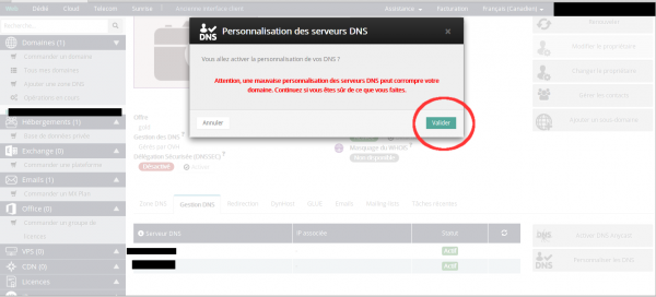 Validation de la modification de DNS